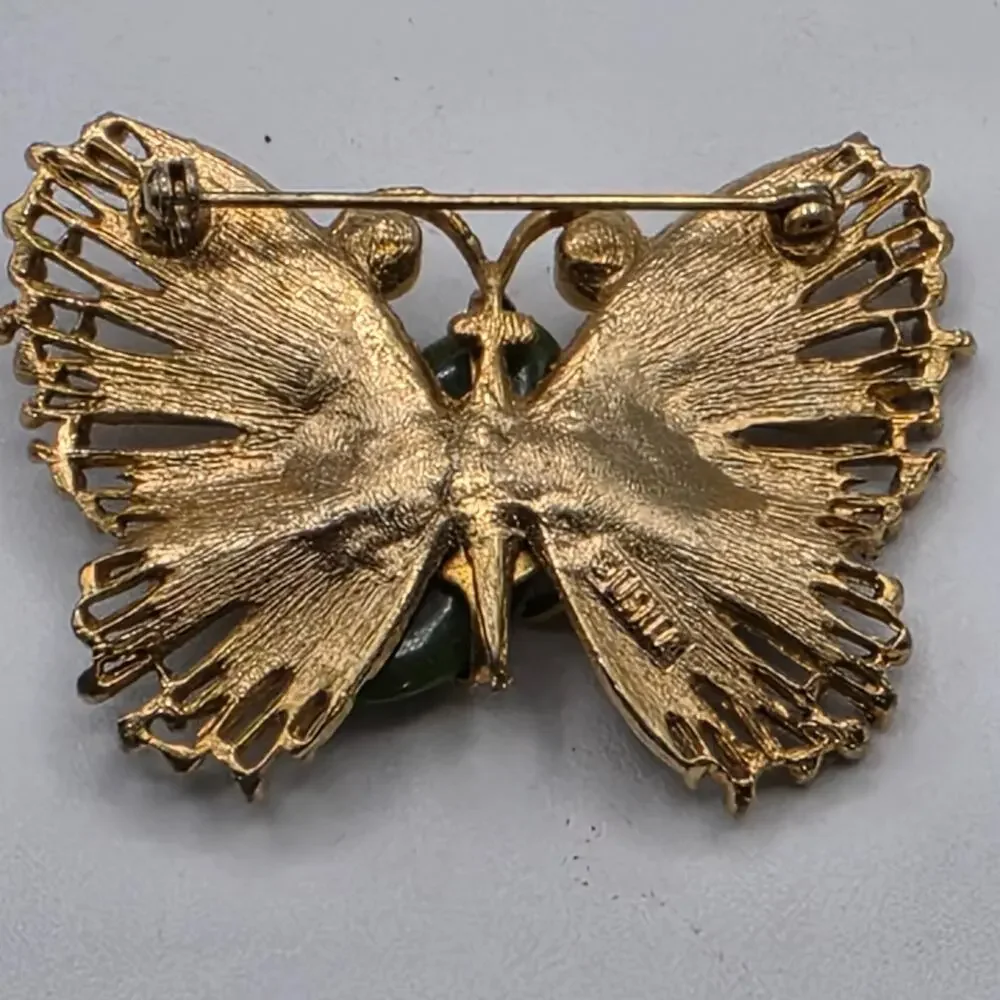 Vintage Lisner Butterfly Brooch Green Cabochon Faux Pearl Gold Tone Signed